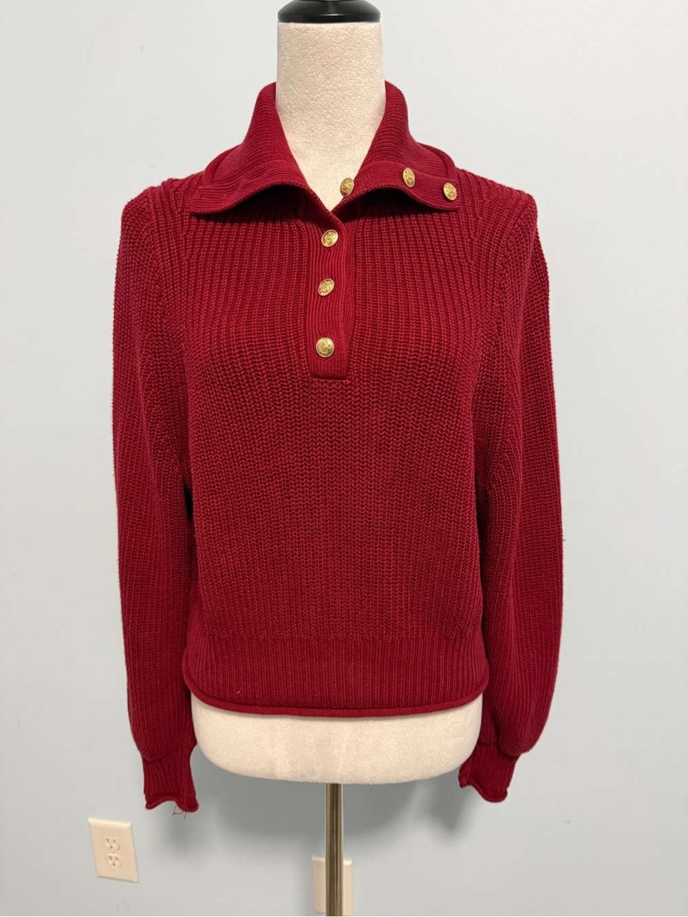 J.Crew Women’s Red Ribbed Cotton Button Collar Sweater Gold Buttons Size S